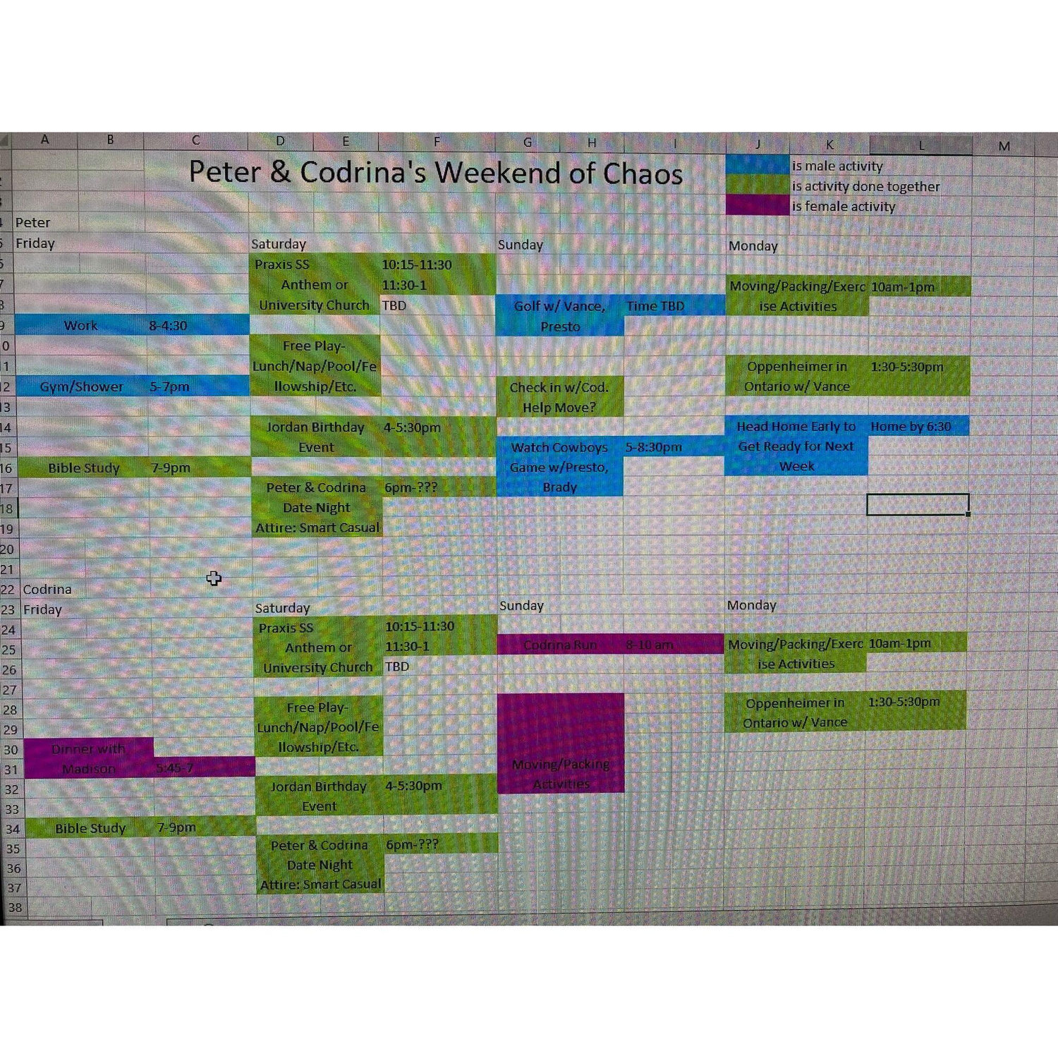 October 6, 2023. Peter's first weekend itinerary plan to keep ourselves organized. This became a weekly ritual afterwards to kick off each weekend.