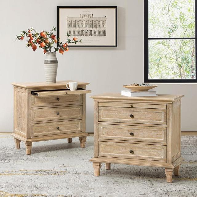 HULALA HOME Farmhouse 3 Drawer Nightstand with Tray, Drawer Organizer with Solid Wood Legs, Nightstand with Charge Station Set of 2(Natural)