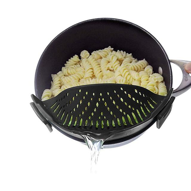 Heat Resistant Silicone Pot Strainer, Clip on Pots Pans, Pan Strainer for all Pots and Bowls - Black