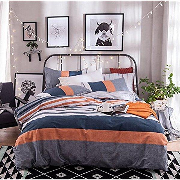 Gray,Orange,Navy Blue and White Stripe Duvet Cover Sets,Queen Size Cotton Spring Summer 4pcs Bedding Sets For Children and Adults
