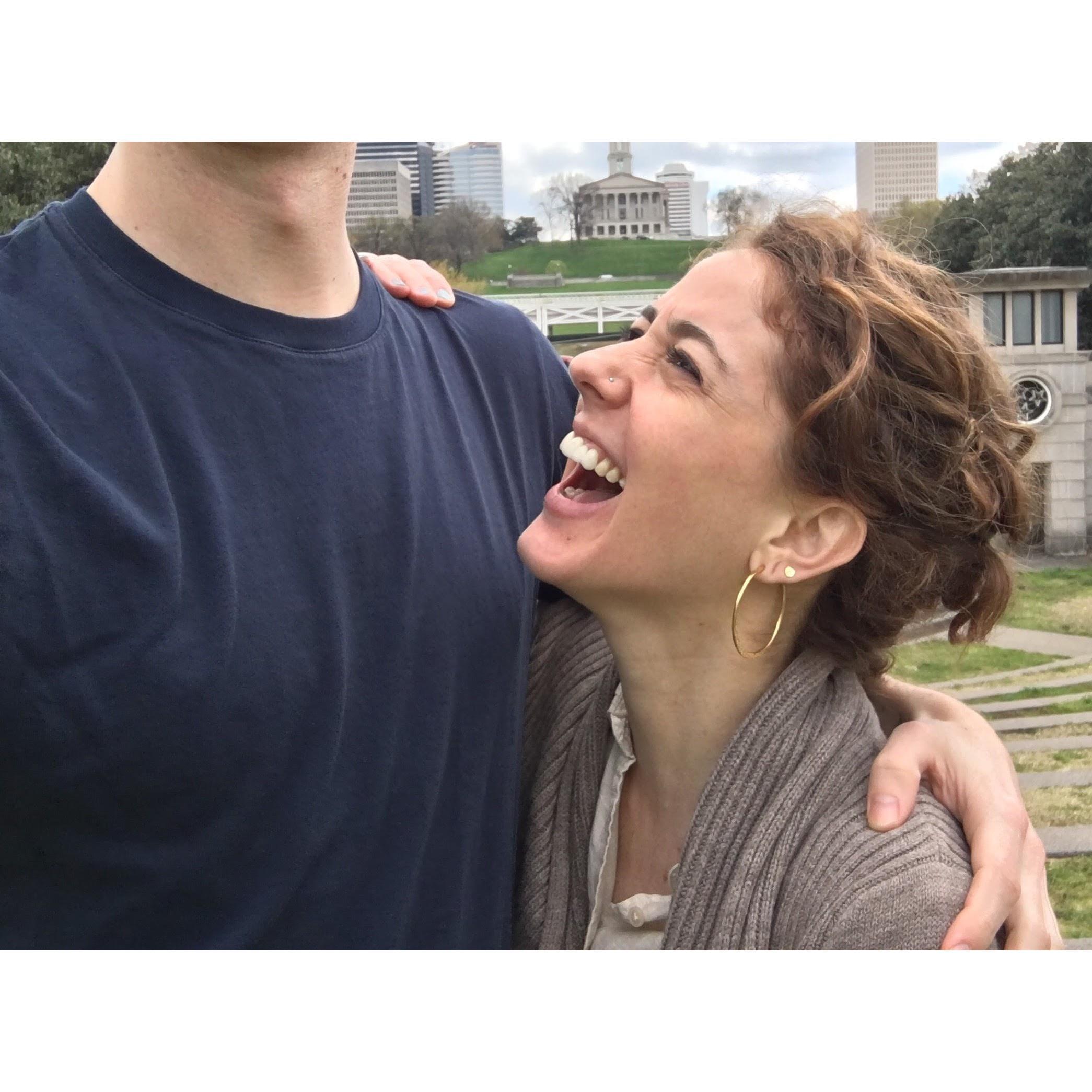 In Nashville, figuring out our height differences.