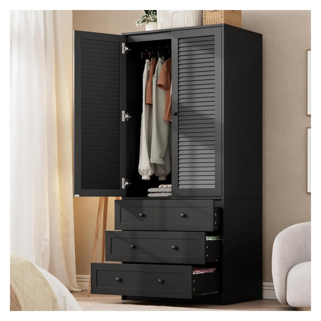 Armoire Wardrobe Closet Wooden Wardrobe Cabinet with 3 Drawers Hanging Rod 2 Doors Clothing Storage Cabinet Large Capacity Storage