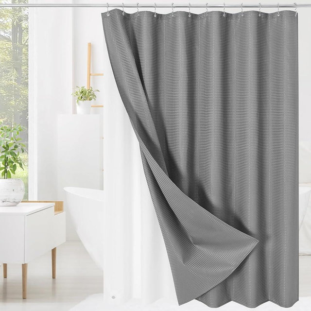 Craidlela 3 in 1 Shower Curtain Set, Grey Waffle Shower Curtain and PEVA Liner Set with 12 Stainless Steel Shower Curtain Hooks, Gray Waterproof Fabric Shower Curtains for Bathroom, 72 W x 72 H