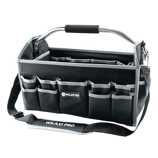 WILAXI PRO 16in Tool Bags For Men Heavy Duty, Tool Bag Organizer Foldable Open Top Tool Bags, Tool Tote Bag With Handle, Wide Mouth Electrician Tool Tote, 22 PCS Pockets Tool Carrier, Grey