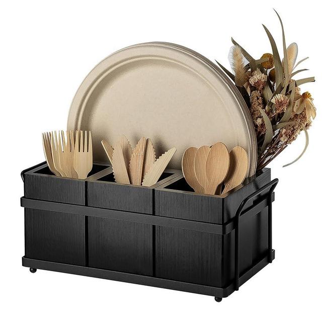 PTSTING Silverware Caddy Black Wood Silverware Holder Paper Plate Dispenser Utensil Caddy Cutlery Flatware Organizer Box for Spoons Forks Plates Napkins