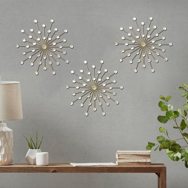 ZEXUIRU 3 Set Gold Metal Jeweled Wall Art Bling Crystal Home Décor Starburst Rhinestone Wall Hanging Diamond Accents