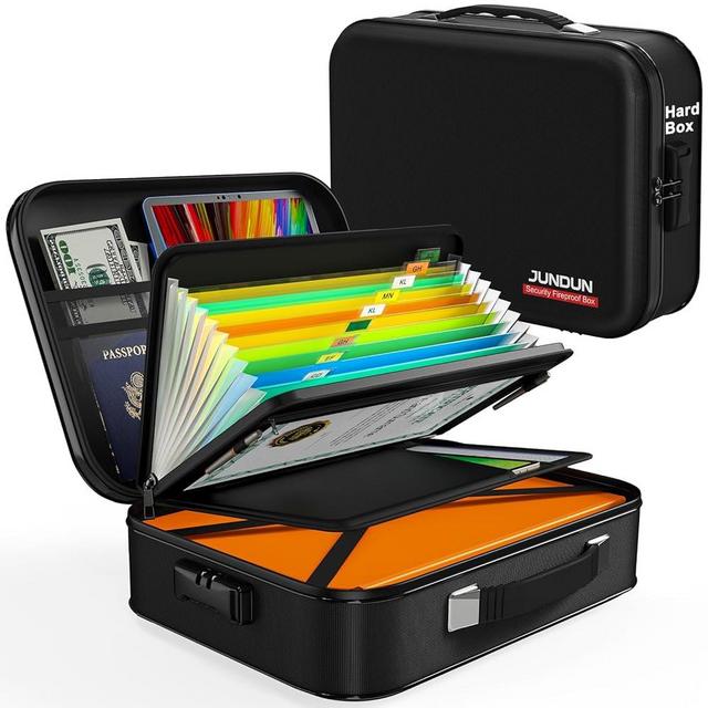 JUNDUN Fireproof Document Box,Hard Case Fireproof Document Organizer with Lock，Home Travel Portable Fireproof Safe Storage Box Case for Letter Size Documents,Files,Papers and Passport,Black