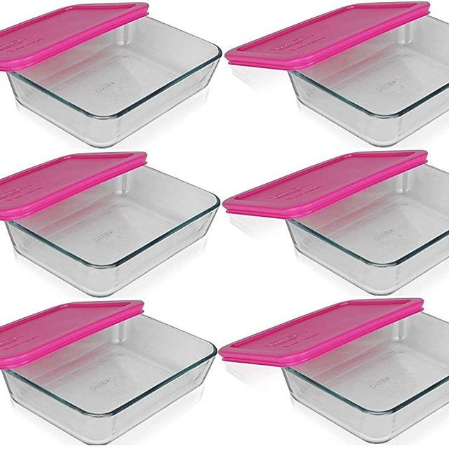 Pyrex 3-cup Rectangle Glass Food Storage Containers With pink Plastic Lids.Use For Lunch Box, Storage Food ,And Baking Dish (pack of 6 Glass Containers) )