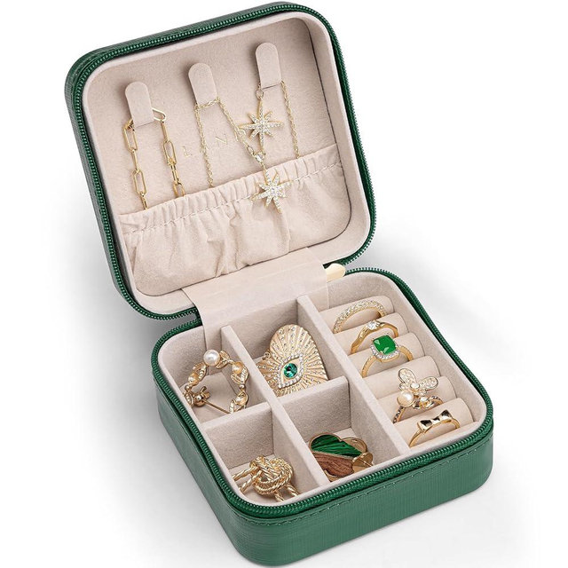 Vlando Small Travel Jewelry Box Organizer - Girls Women Gift Rings Earrings Necklaces Jewelry Storage Display Case Dark Green