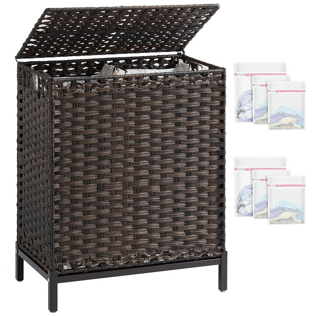 SETVSON Laundry Hamper with Lid, 112 L Handwoven Rattan Wicker Laundry Basket, 2 Removable Liner Bags Metal Heightened Feet, 6 Mesh Bags, 2 Section Large Clothes Hamper for Bathroom Bedroom, Brown