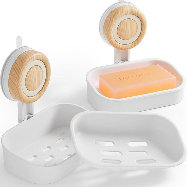 Cinola Double Layer Soap Dish for Shower 2 Pack, Wall Mounted Bar Soap Holder Suction Cup 2 Layer Self Draining Soap Case Sponge Holder for Shower Bathroom, Tub and Kitchen Sink, White