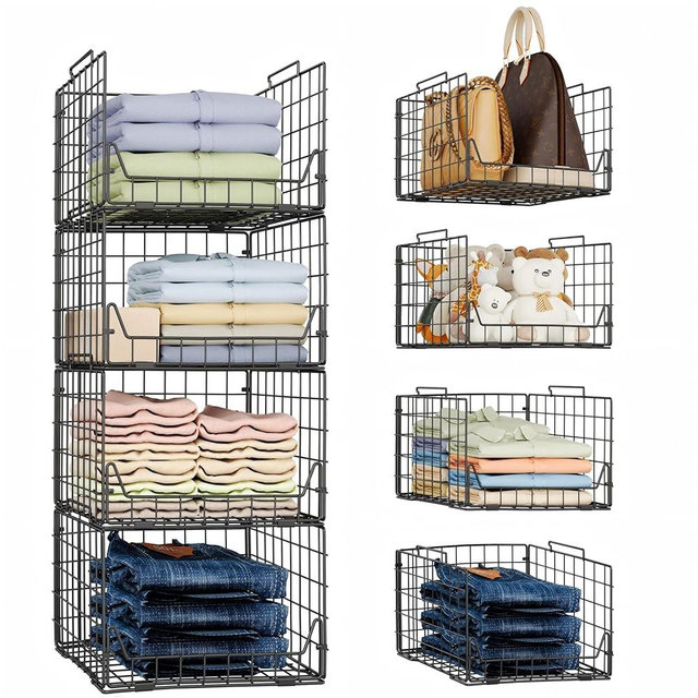 Jakyitvi Stackable Closet Organizers and Storage Bins 4 Pack, Sturdy Metal Clothes Storage Container for Clothes Pants Sweaters, Black Folded Drawer Shelf Organizer for Closet Wardrobe