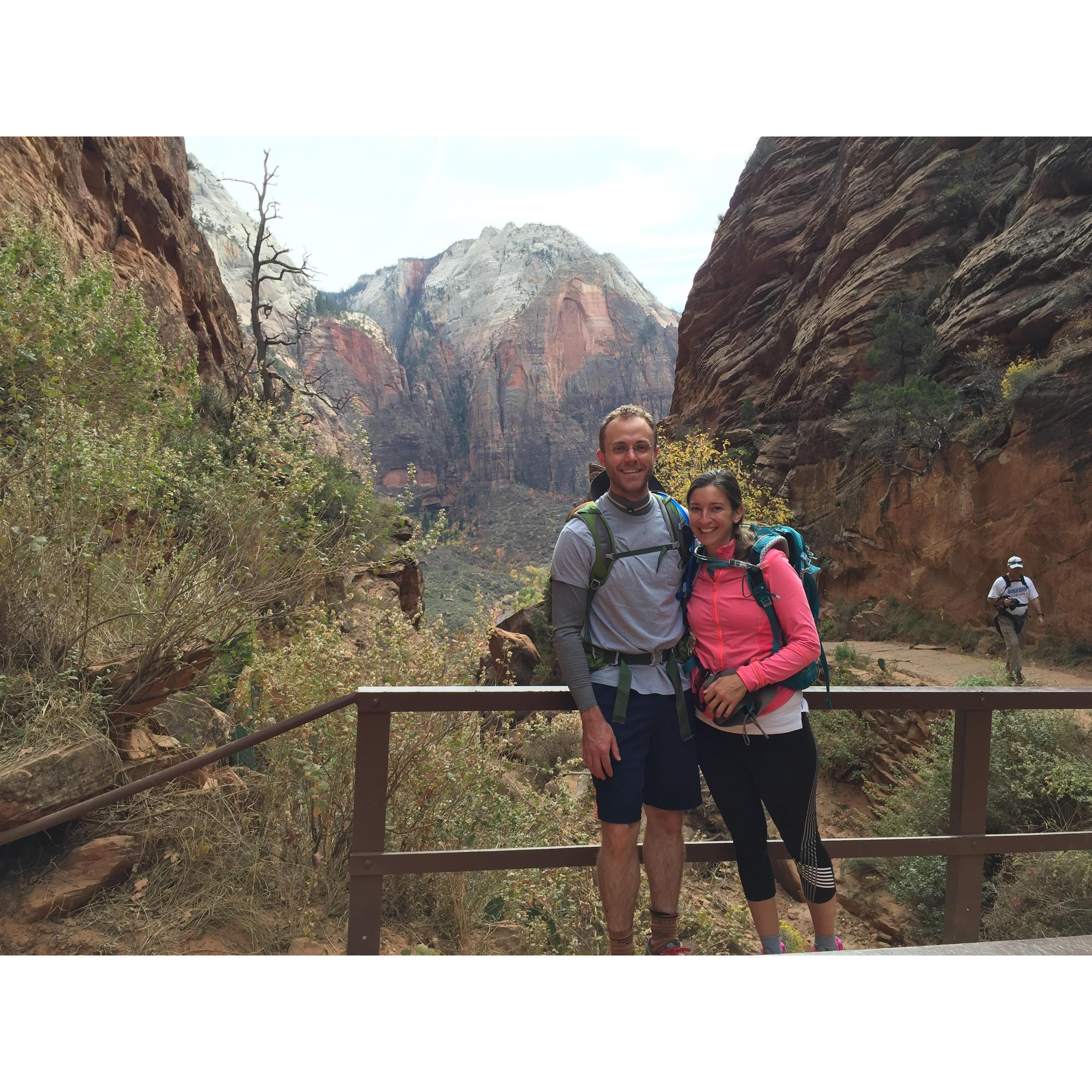A group of loud tourists took our picture while blasting German pop music and singing along. Coming down from our Angels Landing hike at Zion National Park.