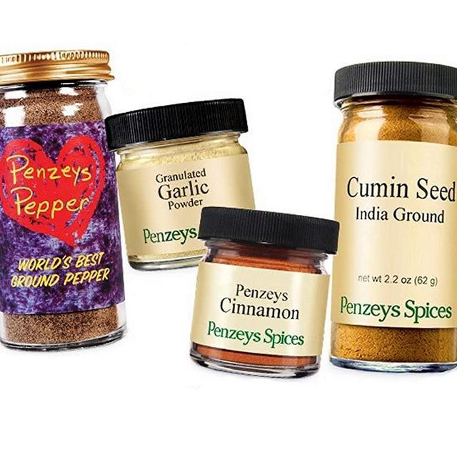 Penzeys Pepper 2.3 oz 1/2 cup jar, Granulated Garlic Powder 1.3 oz 1/4 cup jar, Cinnamon Ground .8 oz 1/4 cup jar & Cumin Ground 2.2 oz 1/2 cup jar Seasoning By Penzeys Spices. Spice Set.