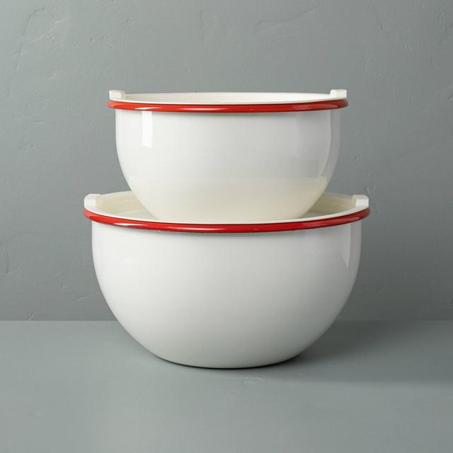 2pk Enamel Serve Bowls with Lids Red/Cream - Hearth & Hand™ with Magnolia
