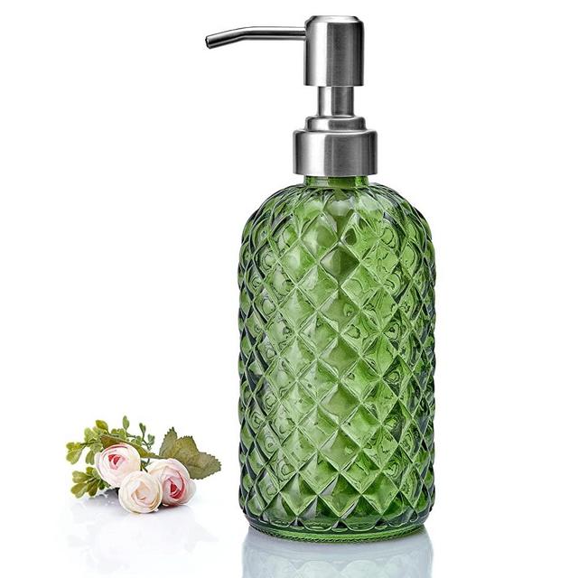 Aywaiw 12oz Kitchen Glass Soap Bottle, Bathroom Soap Dispenser, 304 Rustproof Stainless Steel Pump, Refillable Liquid Glass Soap Dispenser(Green)