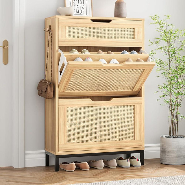 Rattan Shoe Cabinet Storage for Entryway Hidden Shoes Storage Cabinet Boho Narrow Shoe Organizer Cabinet with 2 Flip Drawers, Free Standing Wood Shoe Cabinet for Foyer, Hallway (Wood, 2 Flip Drawers)