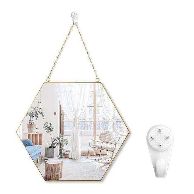 Emalie Gold Hexagon Hanging Wall Mirror with Chain & Hook, Wall Mounted Geometric Minimalist Home Décor for Bathroom Entryway Bedroom 15.75 x 13.38 inch