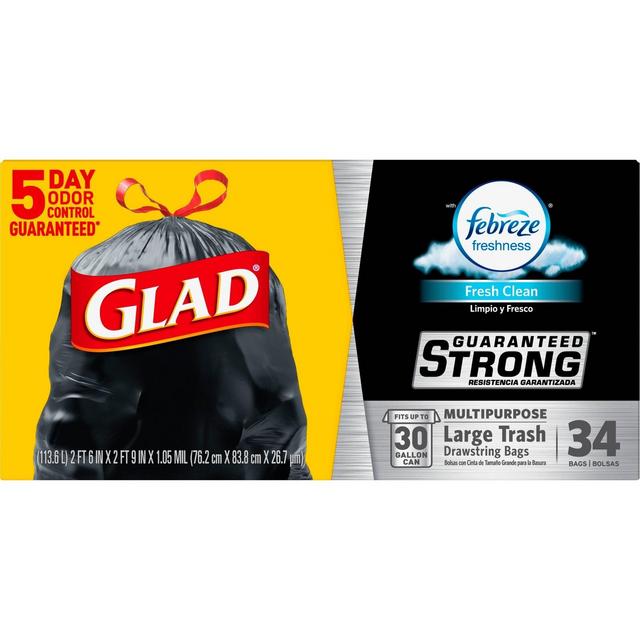 Glad Large Drawstring Trash Bags + OdorShield Black Trash Bags - Febreze Fresh Clean - 30 Gallon - 34ct