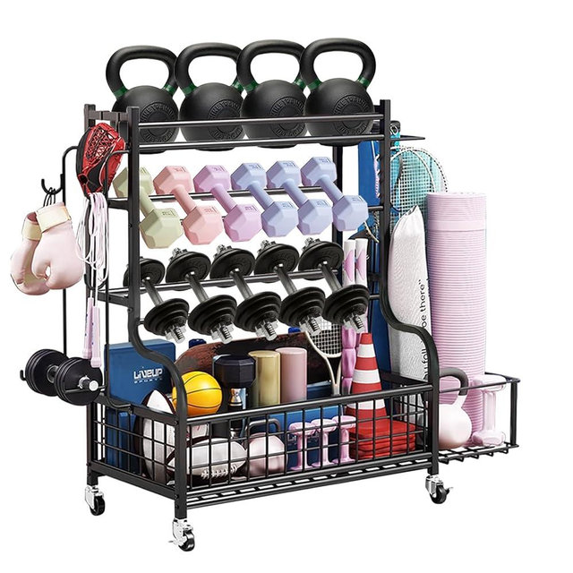 HIEE Dumbbell Rack, Weight Rack for Kettlebells, Storage Holder for Yoga and Workout Equipment, Home Gym Storage Rack with Wheels,Hooks and Mesh Top