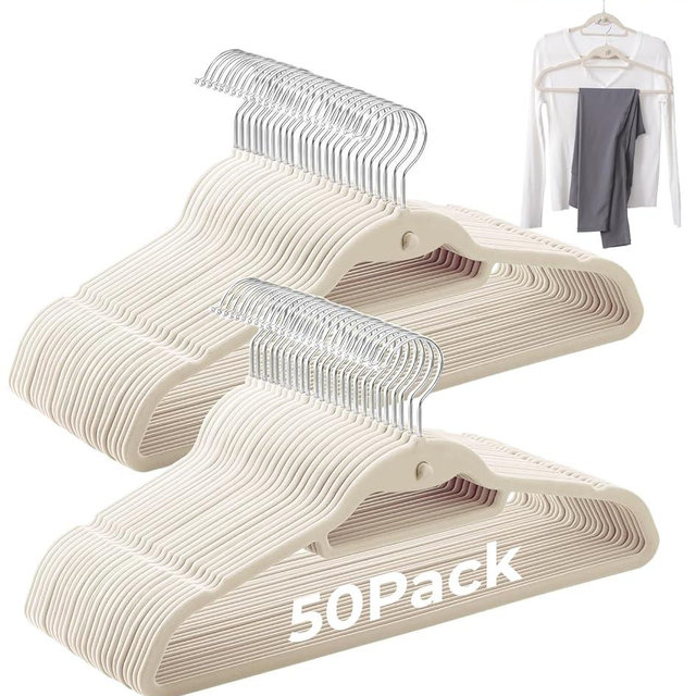 Limogoo Ivory Velvet Hangers 50 Pack, Felt Covered Non Slip Fabric with Stackable Cascading Hook, Ultra Thin and Space Saving with 360° Swivel Neck, 15Lbs Capacity for Clothes, Suit, Shirt, Coat