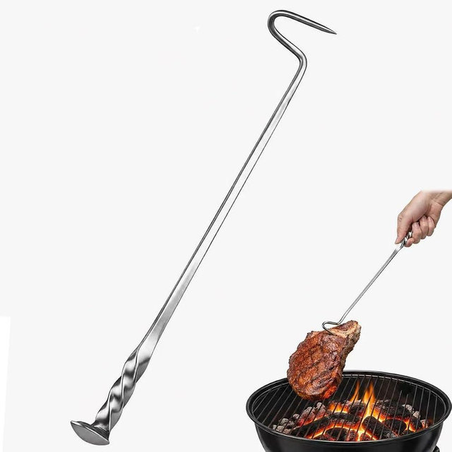 316 Stainless Steel BBQ Turner Hooks, Meat Hook Flipper, Forged Steak Flipper, Flipping Vegetables and Meat Great Tool for BBQ (A) (Sliver, m)
