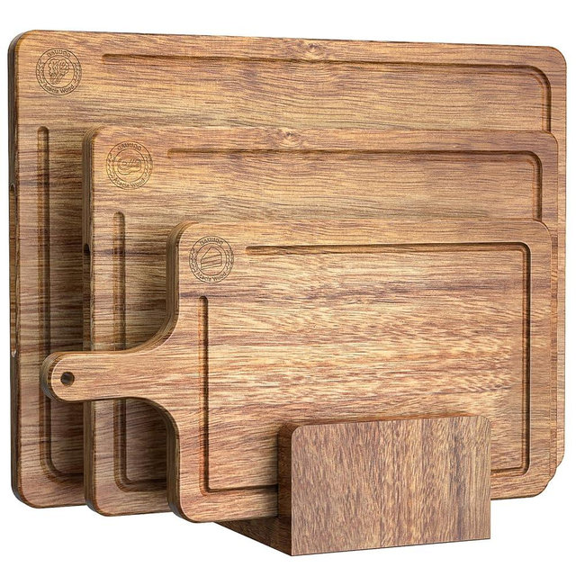 Acacia Wood Cutting Board Set of 3 – Non-Toxic & Pre-Oiled Cutting Boards for Kitchen, Chopping Boards with Holder, Juice Groove, Reversible Serving Board, Labeled Icons for Meat Cheese Vegetables