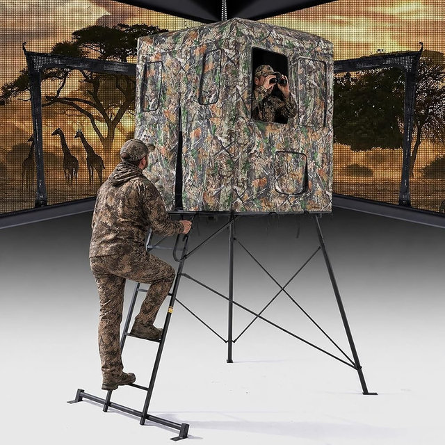 FUNHORUN 5/6FT Hunting Stand with 360 Degree See Through Blind, 1-2 Person 4' x 4' Platform, Camouflage Elevated Hunting Tower Tripod Deer Stand