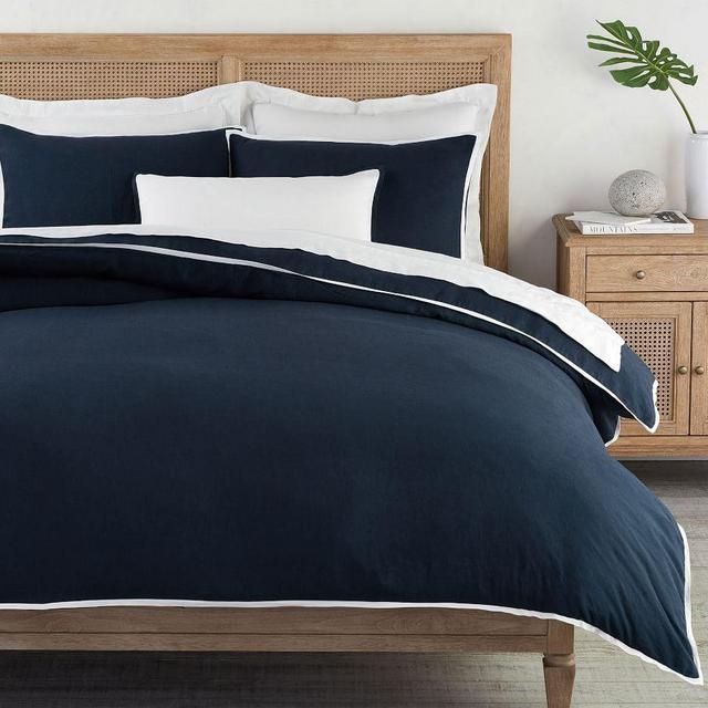 Midnight/White Belgian Flax Linen Contrast Flange Duvet Cover, King/Cal. King