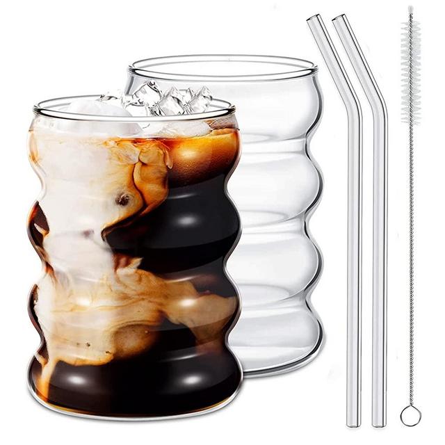 Ework4U 2 Pcs Drinking Glasses with Glass Straw 14oz Glassware Set,Cocktail Glasses,Iced Coffee Glasses,Beer Glasses,Ideal for Water,Soda,Tea,Gift - with Cleaning Brushe