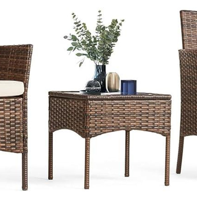 Sweetcrispy Patio Furniture Set 3 Pieces, Outdoor Furniture with Soft Cushion and Glass Table, All Weather Manual Weaving Wicker Rattan Patio Chairs for Garden, Terrace, Porch, Lawns, Brown