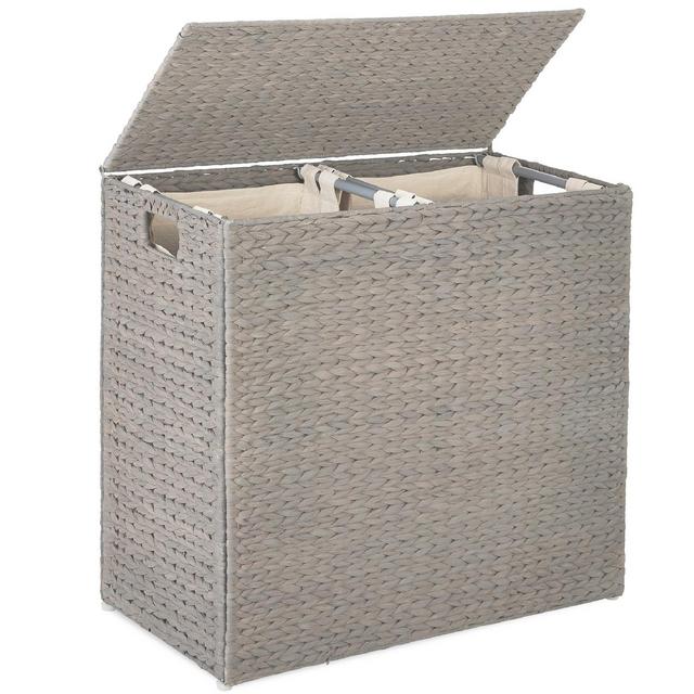 Best Choice Products Large Natural Water Hyacinth Double Laundry Hamper Basket w/ 2 Liner Bags, Handles - Gray