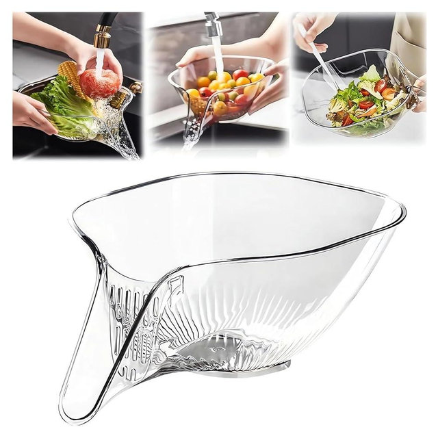 Multi-functional Drain Basket - 2024 New Fruit Cleaning Bowl with Strainer Container, Kitchen Sink Food Catcher Drainer Fruit Rinser Vegetable Washing Filter Bowl over the Sink Colander (2PCS, Clear)