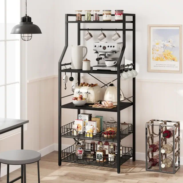 Kitchen Bakers Rack, Microwave Oven Stand with 2 Large Wire Basket, Industrial Coffee Bar Station, 5-Tier Kitchen Utility Storage Shelf with 8 Hooks