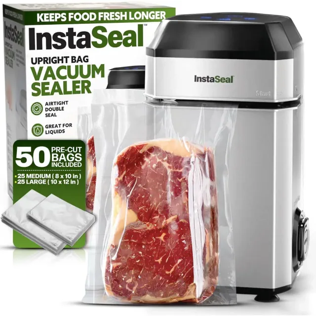 InstaSeal Vacuum Sealer Food Saver Bag Sealer Machine Upright Suction Base With 50 Food Safe Storage Bags
