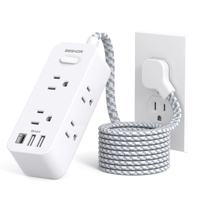 Flat Plug Power Strip, Flat Extension Cord, 5ft Ultra Thin Flat Plug Extension Cord - 6 AC with 3 USB Ports(1 USB C), Wall Mount, 3-Side Power Strip Surge Protector for Dorm Room Travel Essentials