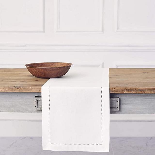 Solino Home Hemstitch Cotton Linen Table Runner – 14 x 90 Inch, Natural Fabric Machine Washable Table Runner – White