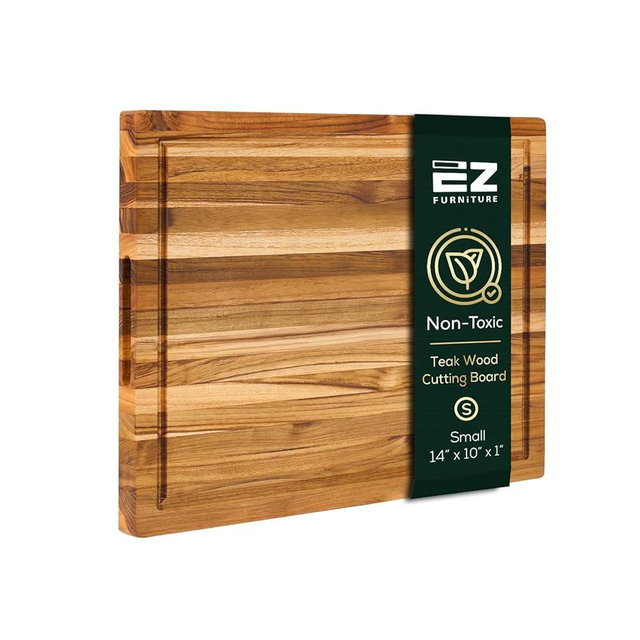 EZ FURNITURE Non-Toxic Teak Wood Cutting Board & Serving Board, Pre-Oiled Edge Grain with Juice Groove and Handles, Knife Friendly, Food Grade Mineral Oil Coating (S 14" x 10" x 1", 3.75 lbs)