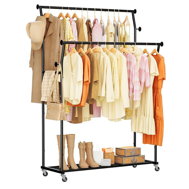Double Rods Clothes Rack, Rolling Clothing Rack for Hanging Clothes with Hooks&Mesh Shelf, Portable Wardrobe Rack, Metal Coat Rack Sturdy Garment Rack for Bedroom Laundry Living Room Storage, Black