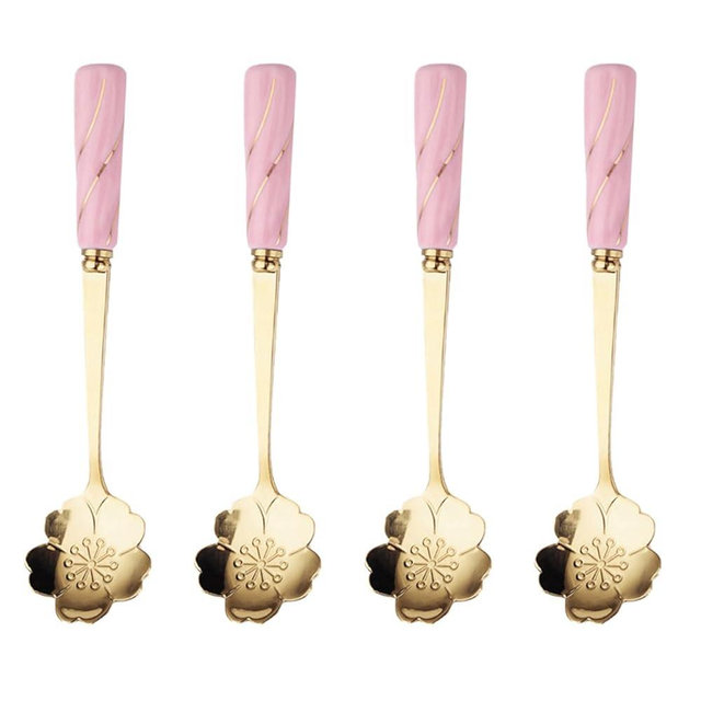 DOITOOL 4pcs Stainless Steel Coffee Spoon Flower- shaped Spoons Tea Sugar Spoon Dinner Espresso Spoons for Dessert Cake Mixing Drinks Appetizer (Pink)