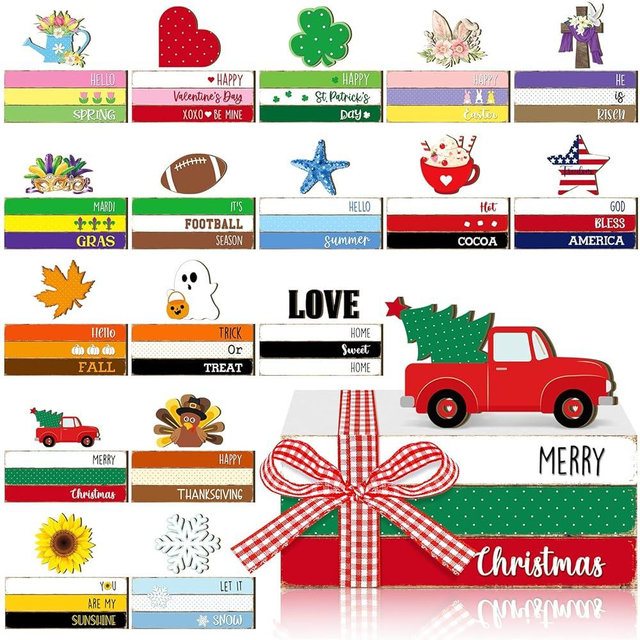 Menkxi Christmas Interchangeable Seasonal Decor Wooden Tiered Tray Decor Highland Cow Decor Book Block Stack Sign Farmhouse Red Truck Decor for Xmas Holiday Shelves Table TV Stand(Book Block)