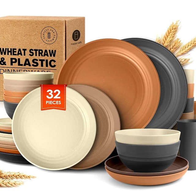 Teivio 32-Piece Kitchen Plastic Wheat Straw Dinnerware Set, Service for 8, Unbreakable Plates, Bowls and Cups Set, Farmhouse Outdoor Camping Dishes for Rustic Life/Country/Vintage, Saddle Ombre