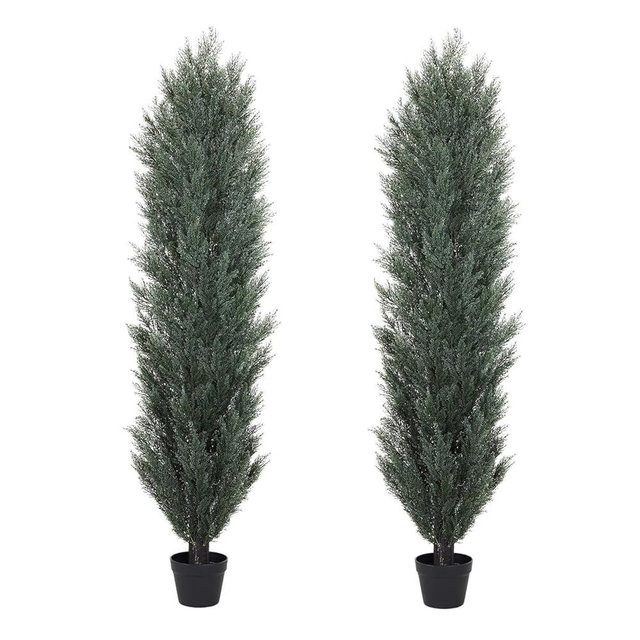 THE BLOOM TIMES 6ft Topiary Trees Artificial Outdoor – UV Resistant Faux Cedar Pine Cypress Bushes and Shrubs, Fake Potted Plants for Front Porch Outside Planter Patio Decor, Set of 2 (6 Foot)