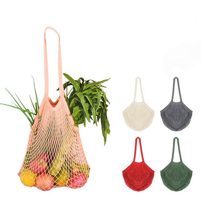 5Pcs Net Cotton String Shopping Bag, Creatiee Reusable Mesh Market Tote Organizer for Grocery Shopper Produce Storage Beach Toys Fruit Vegetable - Less Plastic(5 Colors) (Long Handle)