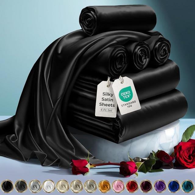 DECOLURE Satin Bed Sheets - 6 Piece Luxury Silky King Size Bedding Set - Softer Than Silk, Wrinkle-Free with 15” Deep Pocket Fitted Sheet, Perfect for Hair & Skin, Gifts for Women (Black)
