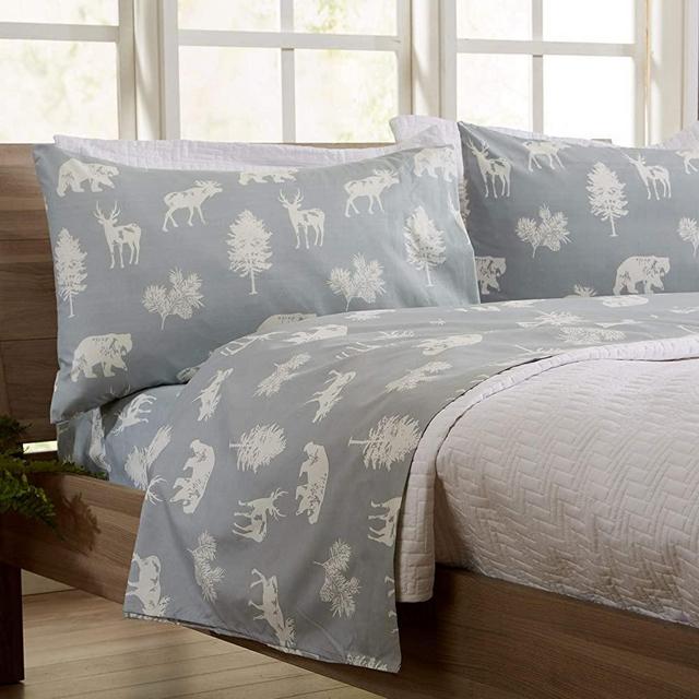 4-Piece Lodge Printed Ultra-Soft Microfiber Sheet Set. Beautiful Patterns Drawn from Nature, Comfortable, All-Season Bed Sheets. (Queen, Forest Animal - Light Grey)