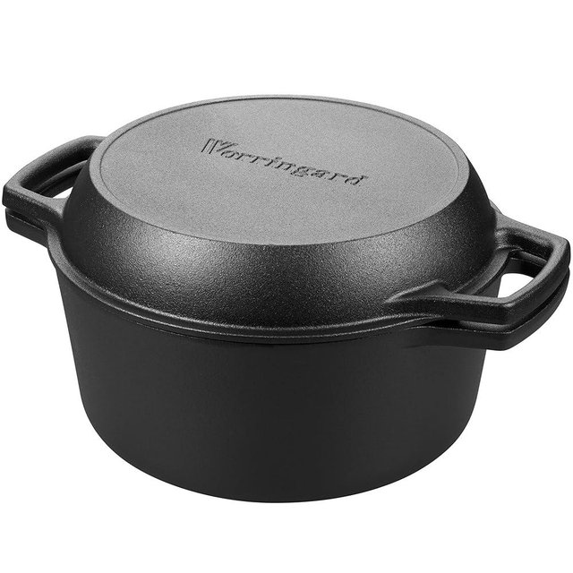 VORRINGARD Pre-seasoned Cast Iron Double Dutch Oven Pot with Skillet Lid, Dual-handle, for Bread Baking, Outdoor, Campfire Cooking, 5 Quart