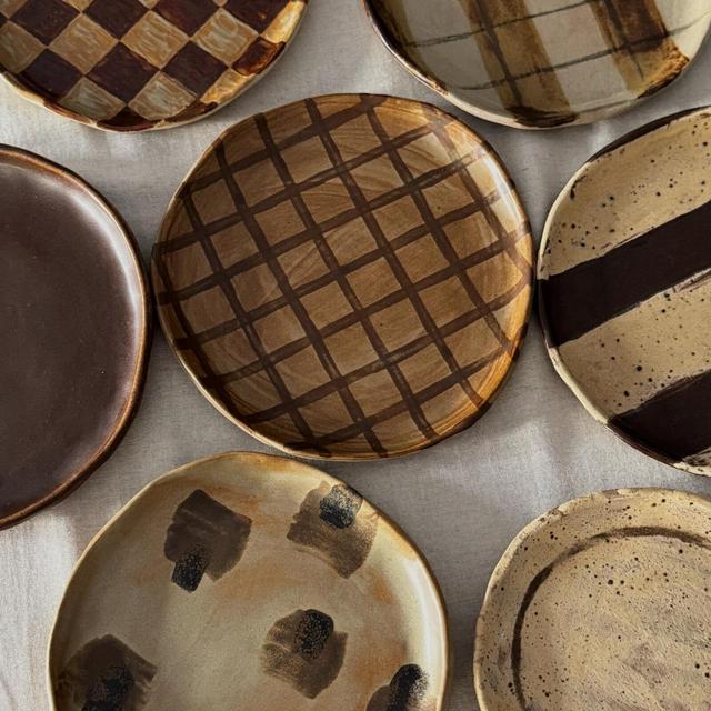 Hand painted Stoneware Autumn Plates: Vintage plaid and stripped Ceramic dessert plate