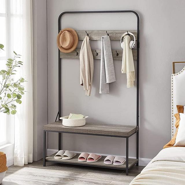 IBF Coat Rack Shoe Bench, Wood Metal Farmhouse Hall Tree with Bench and Shoe Storage for Entryway Bedroom, Rustic Modern Industrial Coat Tree with Shelf and Hanging Hooks, Light Grey Oak, 70 Inch