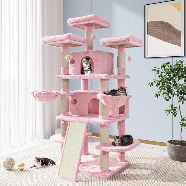 Allewie 68 Inches Multi-Level Large Cat Tree/Cat Tower for Indoor Cat/Tall Cat Climbing Tree with Cat Condo/Cozy Plush Cat Perches/Sisal Scratching Post/Wide Base Board/Hammocks/Cave/Pink